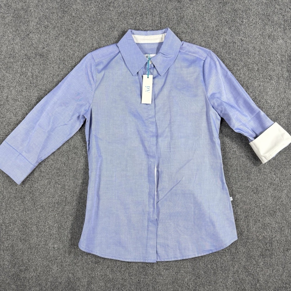 Perlavera Blouse Womens S Blue Top Flip Cuff 3/4 Sleeve Button Up Capsule